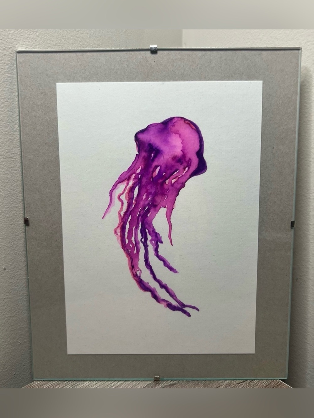 Hand-Painted Watercolor Jellyfish Art | 10” x 8” Floating Glass Frame